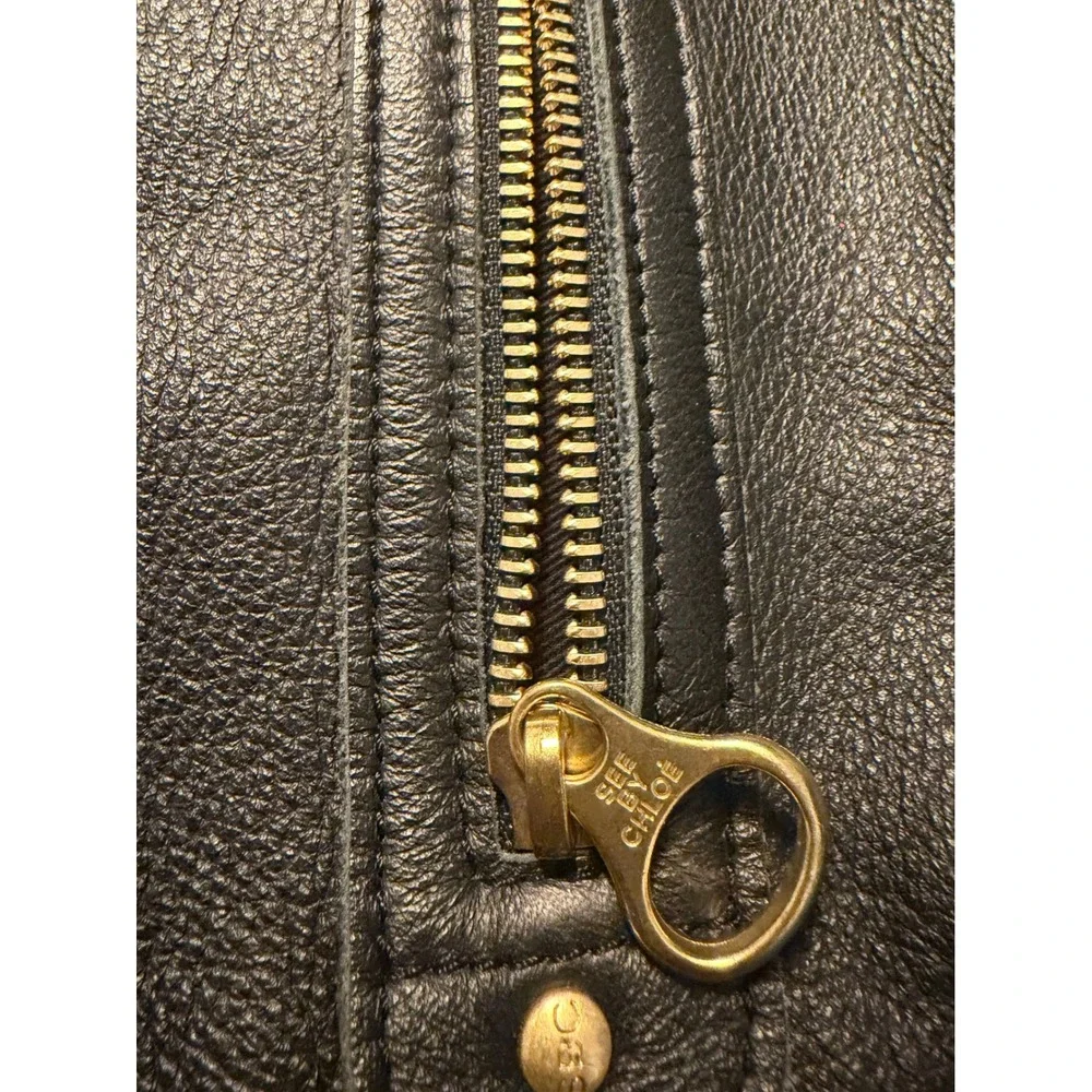 See by Chloe Black Pebbled Leather Satchel Handbag Gold Hardware Medallion